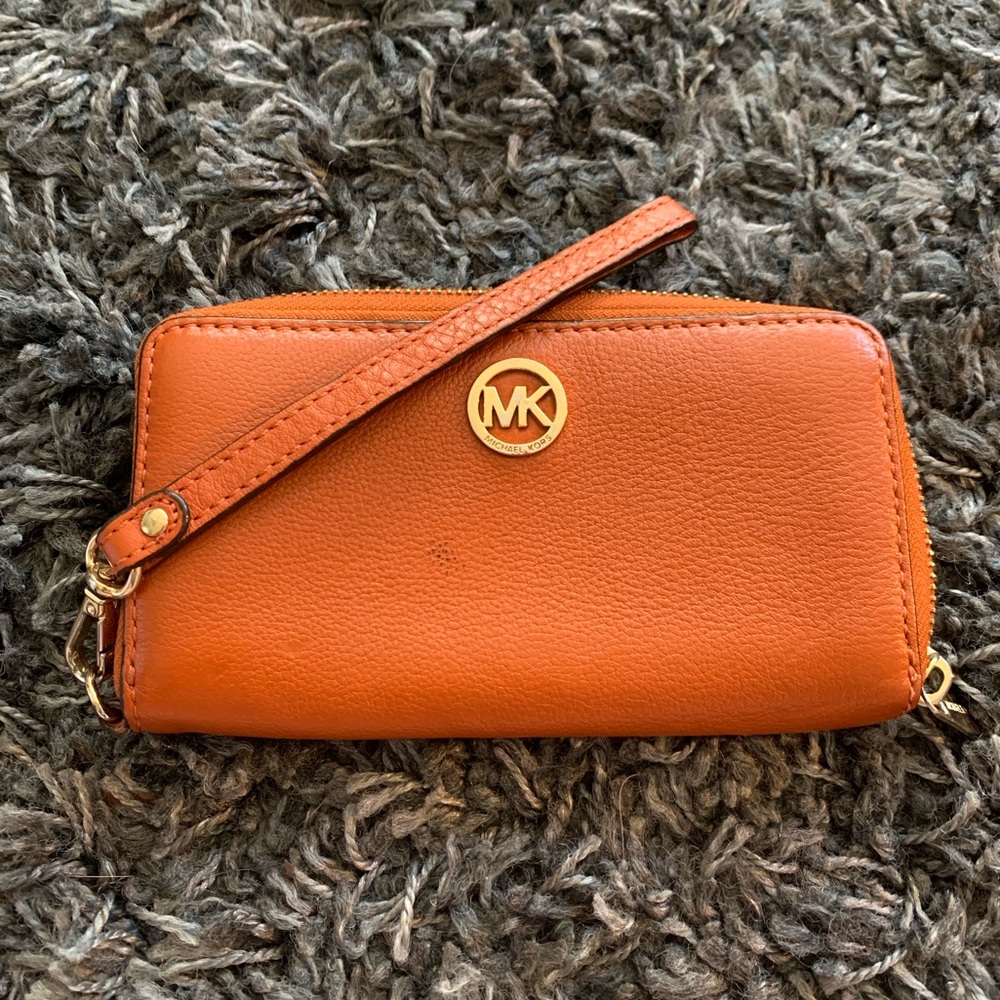 Michael Kors orange pebbled leather wallet/wristlet